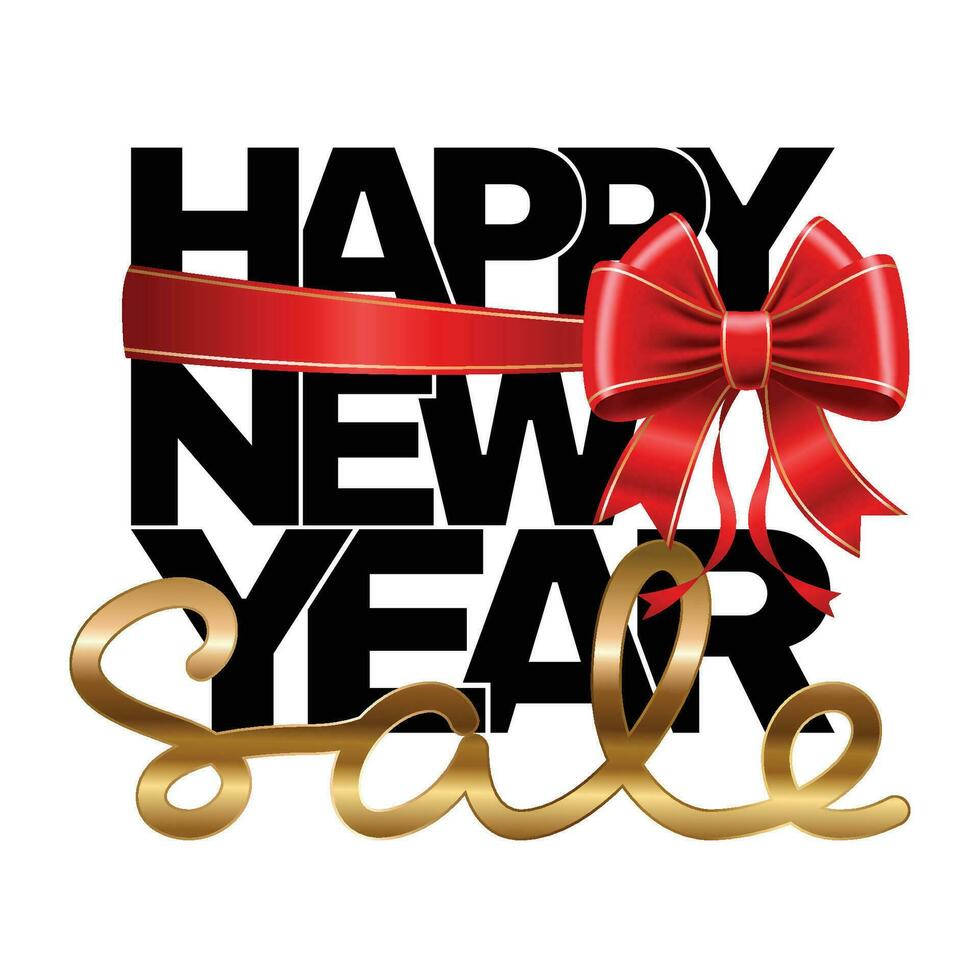 New Year's sale inscription with a red bow. Vector 3d illustration.