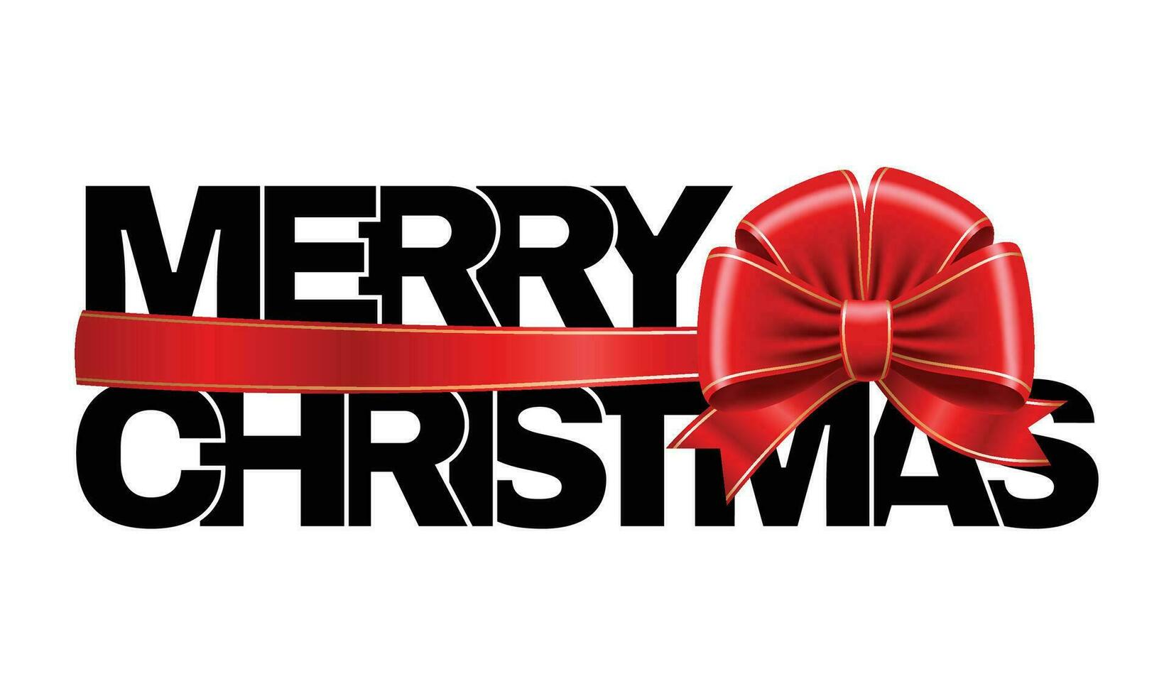 Merry Christmas logo with a red bow. Vector 3d illustration.