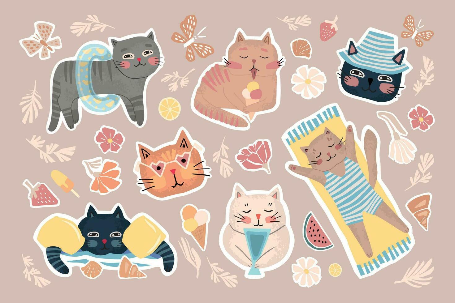 grande conjunto de linda verano pegatinas diferente gatos en verano vacaciones. vector plano ilustración para niños en escandinavo estilo.
