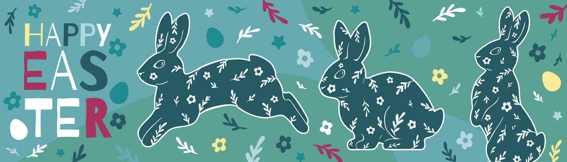 Happy Easter long horizontal banner with bunnies, eggs, flowers, and text. Beautiful bright modern vector illustration.
