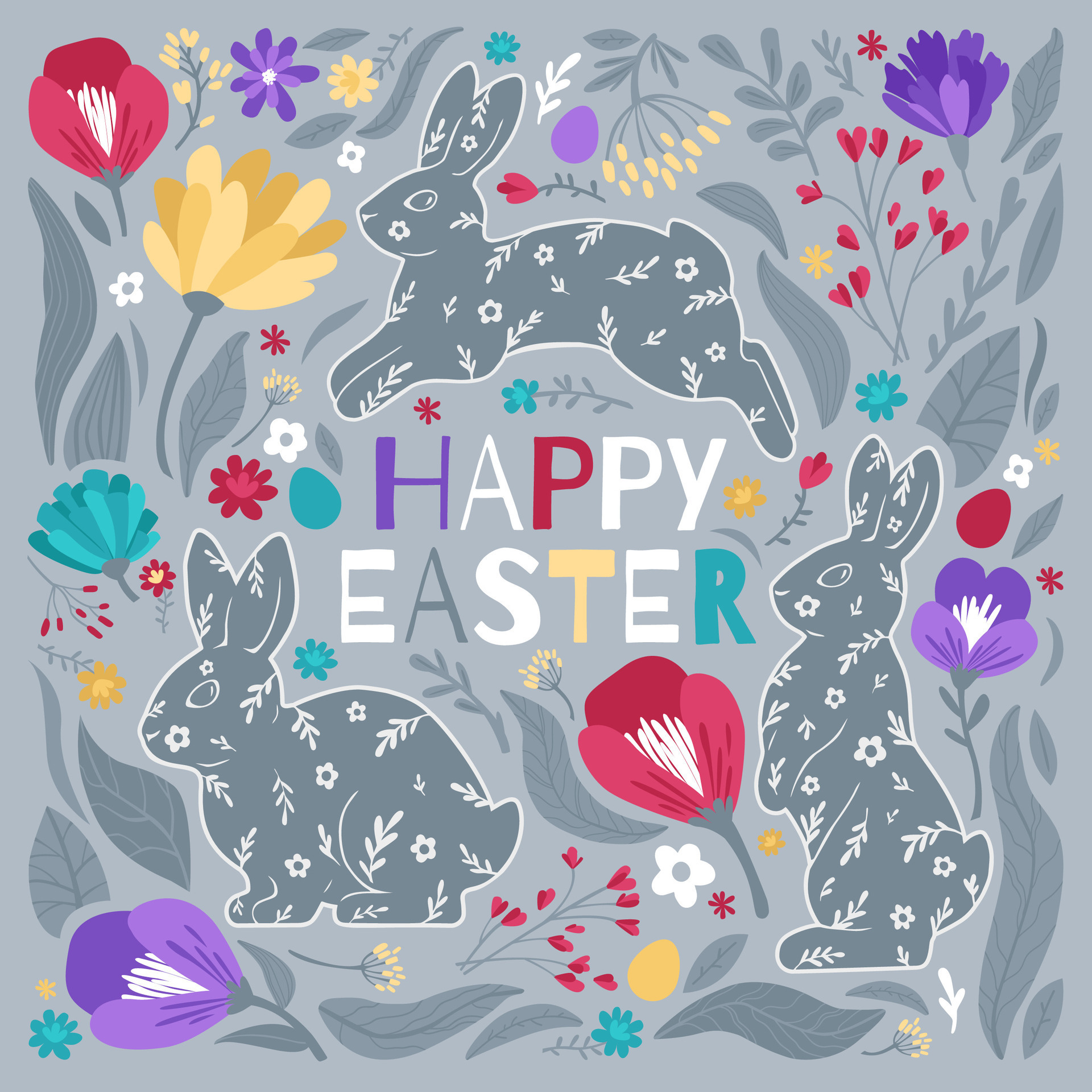 Happy Easter square card with bunnies, eggs, and flowers. Modern flat