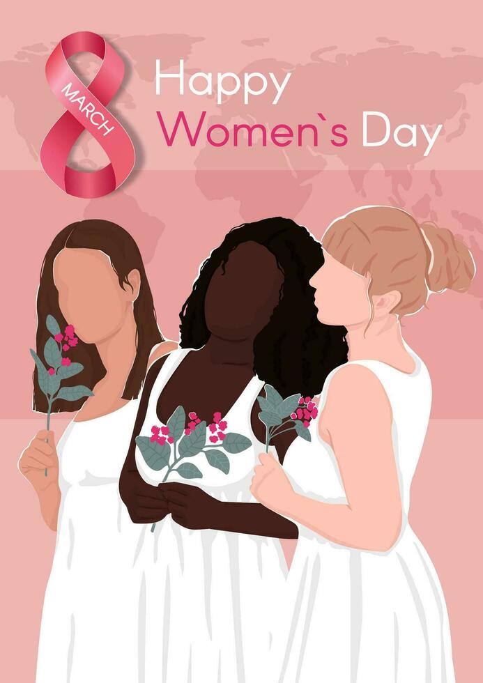 Happy Women's Day poster. Card with an inscription and different women. Flat vector modern illustration.