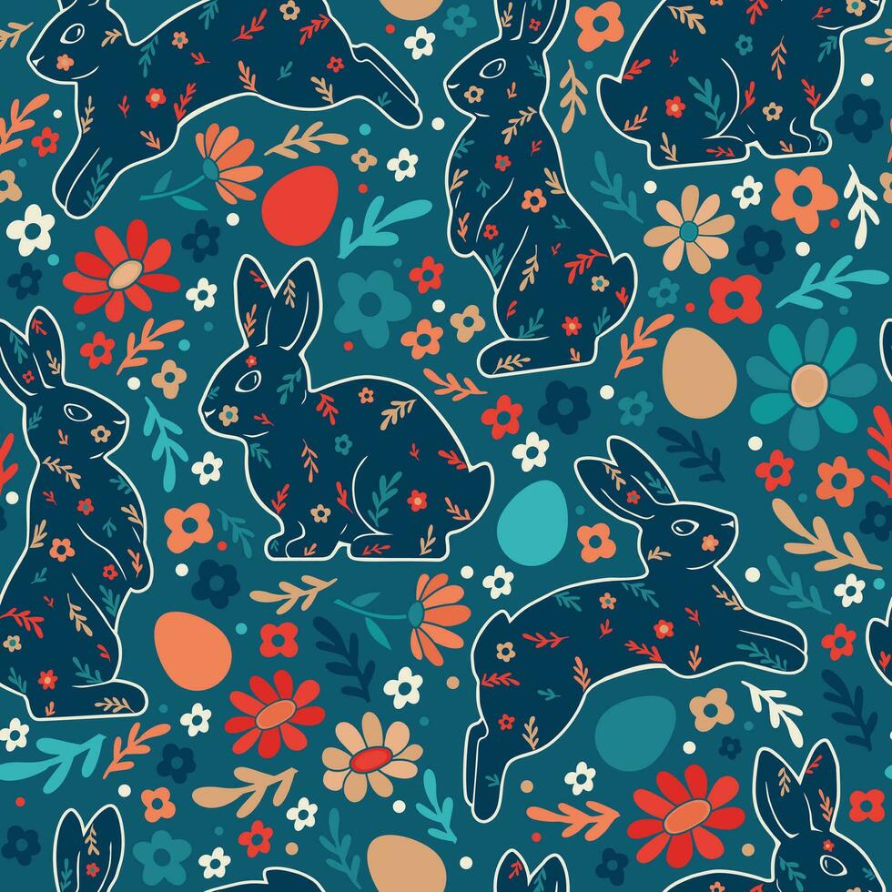 Happy Easter seamless pattern. Colorful bright modern illustration with rabbits, eggs, and flowers for fabric, wrapping paper, and any design. vector