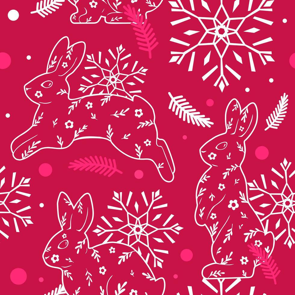 Cute Christmas pattern. Graphic seamless pattern of rabbits and snowflakes. Vector illustration for fabric, wallpaper, and wrapping paper.
