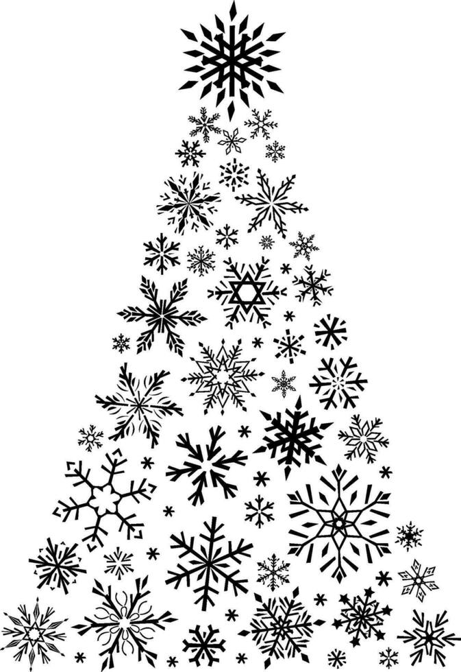 Navidad árbol hecho de dibujado gráfico copos de nieve. negro y blanco vector ilustración.