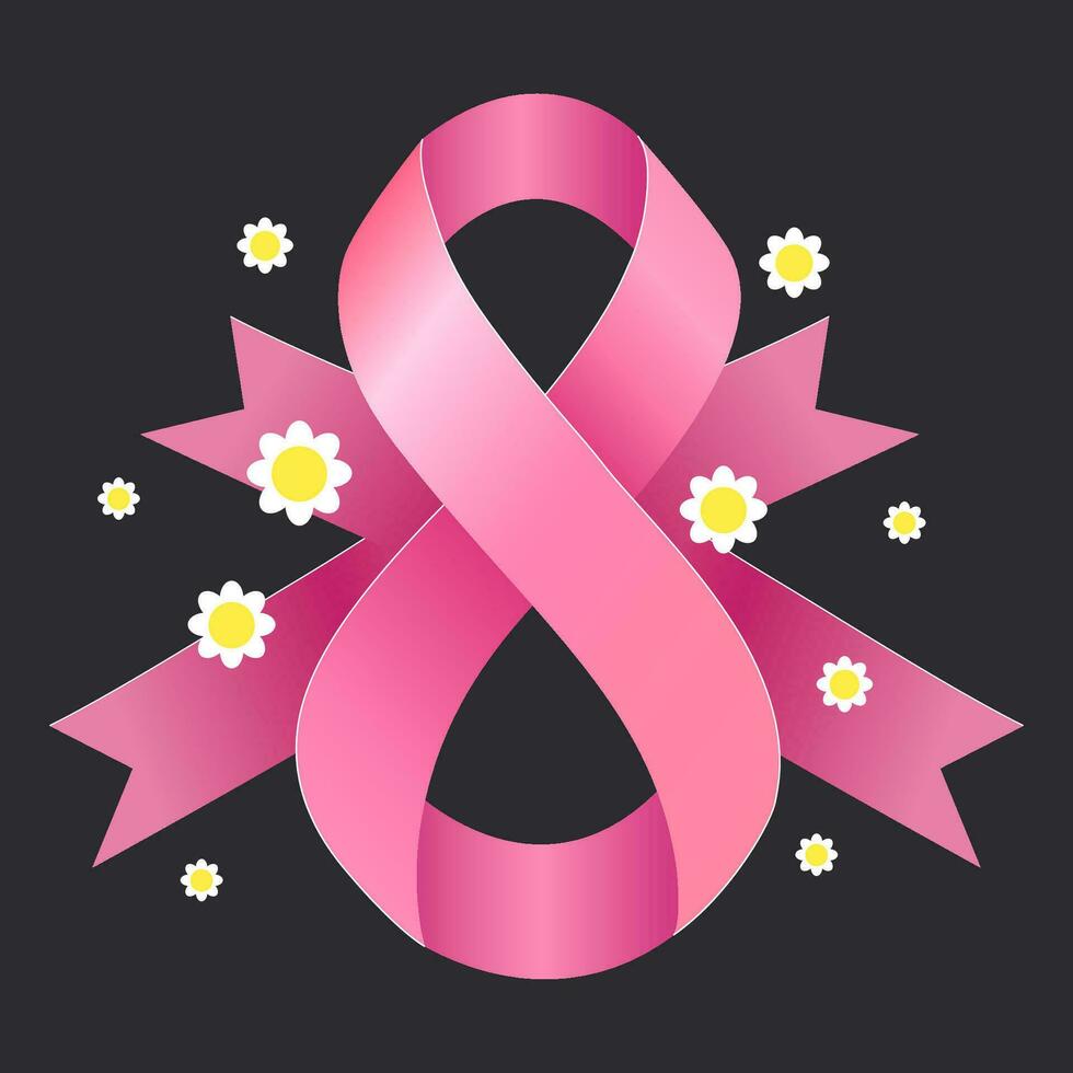 Pink satin ribbon in the shape of a figure eight with flowers. March 8. Vector illustration isolated on dark background.