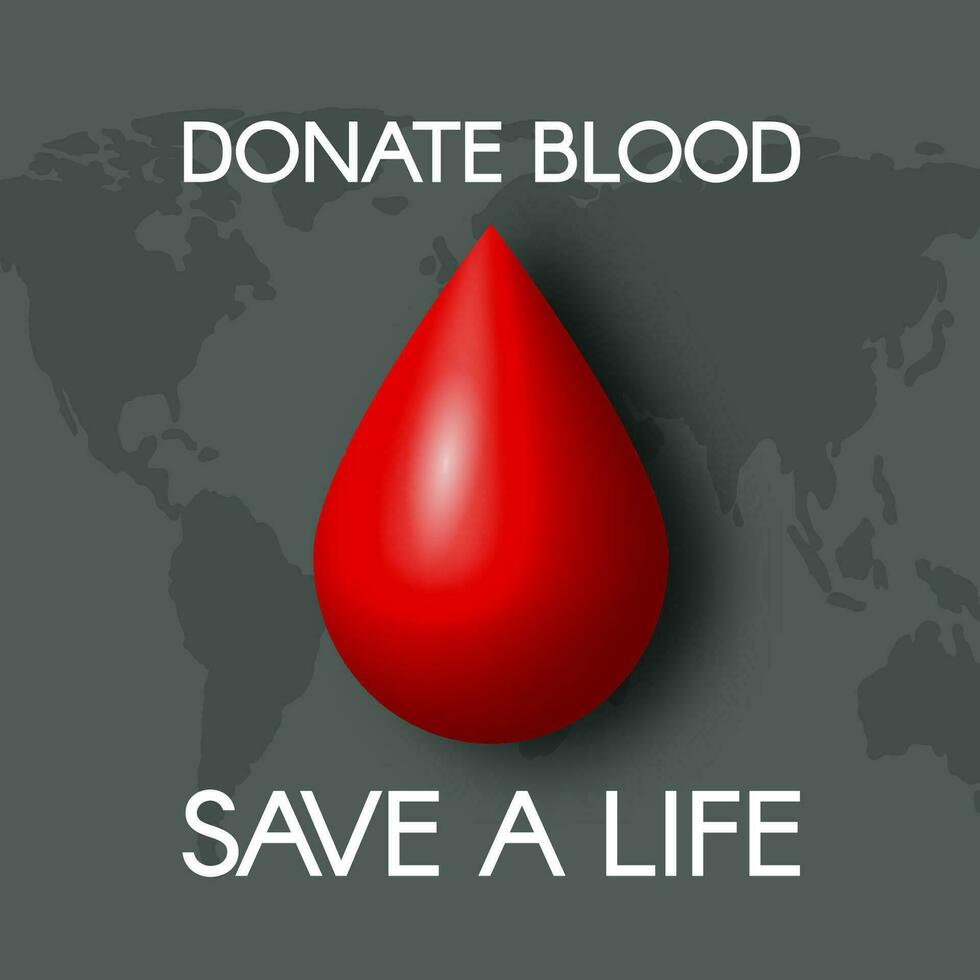 National Blood Donation Month square card with a red ribbon, text, and a world map. Modern vector illustration.