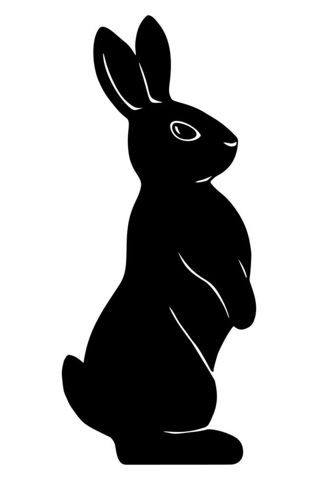 Drawn silhouette of a standing rabbit. Black and white icon. Vector graphics illustration.