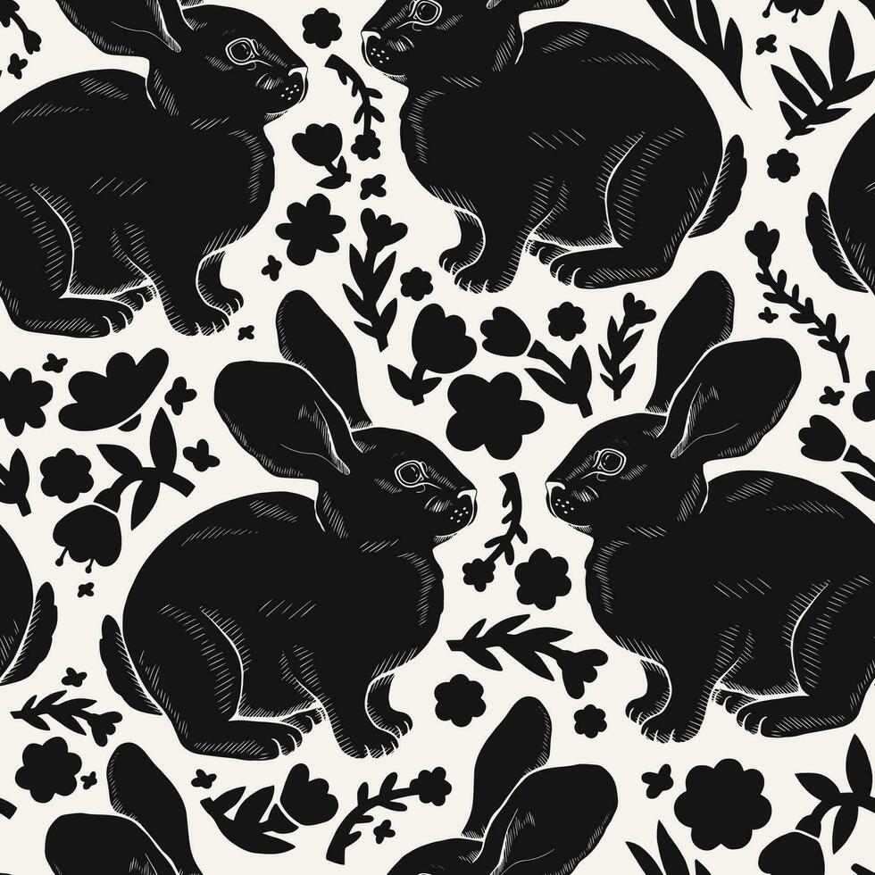 Seamless vector pattern of drawn rabbits and flowers. Simple black and white illustration