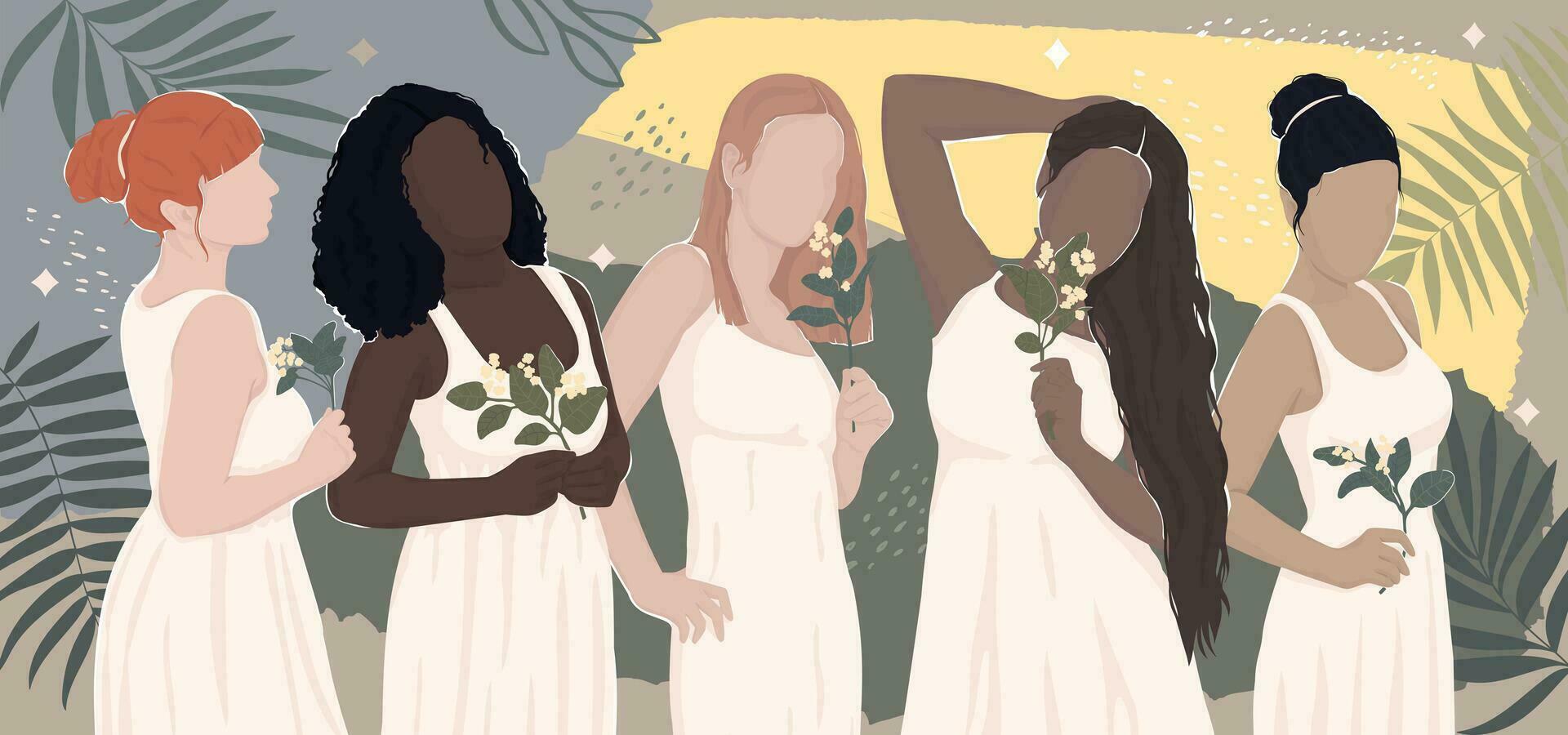 conjunto de dibujado mujer desde diferente étnico grupos en blanco vestidos sostener flores en su manos. vector moderno plano ilustración. aislado en capas. para tarjeta postal, póster, bandera, revista cubrir.