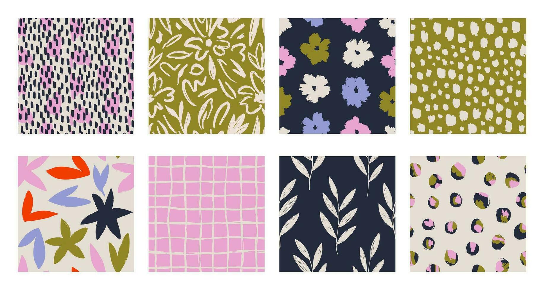 Set of Abstract contemporary seamless pattern with hand drawn flower shapes, spots, dots and lines with textures. Vibrant boho print. Modern collage vector illustration