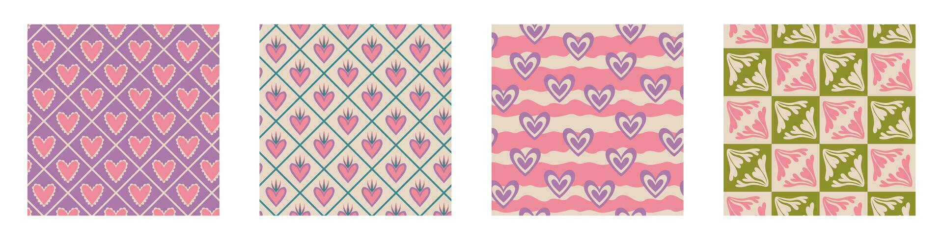 Aesthetic Retro Romantic printable groovy hearts seamless pattern. Decorative Hippie Naive 60's, 70's style Vintage modern background in minimalist style for fabric, wallpaper or wrapping vector