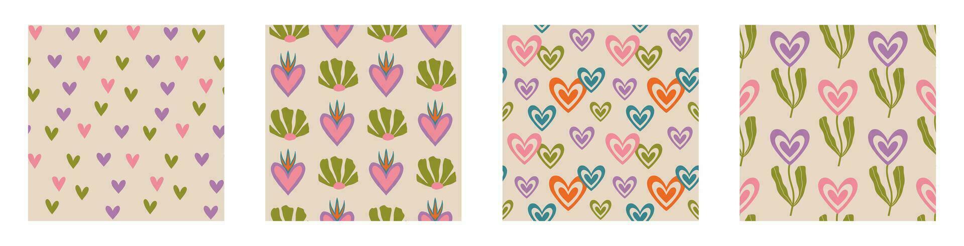 patrón transparente de corazones maravillosos imprimibles románticos retro estéticos. hippie decorativo naive 60's, 70's style vintage modern background en estilo minimalista para tela, papel tapiz o envoltura vector