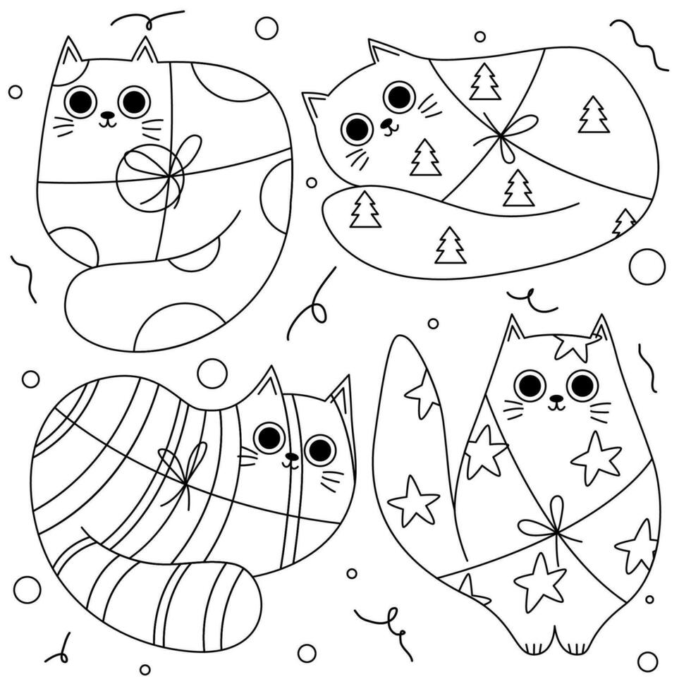 conjunto línea regalo en el formar de gatos regalos conjunto embalaje y decoración, original diseño, dando regalos en celebracion. pastel, dulce, bolsa, arco, regalo envase. vector dibujos animados ilustración para Navidad.