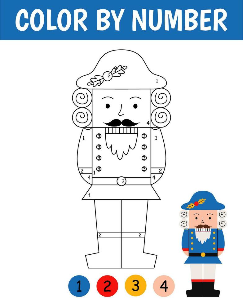 Color by number game for kids. Cute nutcracker in cartoon style. Christmas coloring page. Printable worksheet with solution for school and preschool. Learning numbers activity. vector