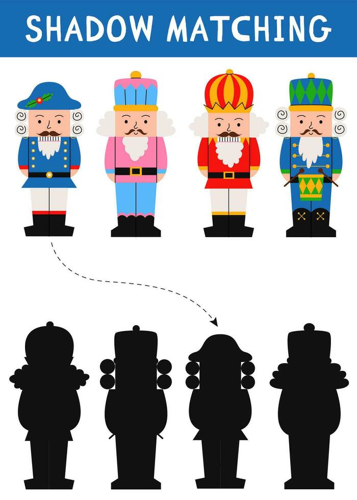 Christmas shadow matching activity for children. Winter puzzle with nutcrackers. New Year educational game for kids. Find the correct silhouette printable worksheet. Vector cartoon illustration.