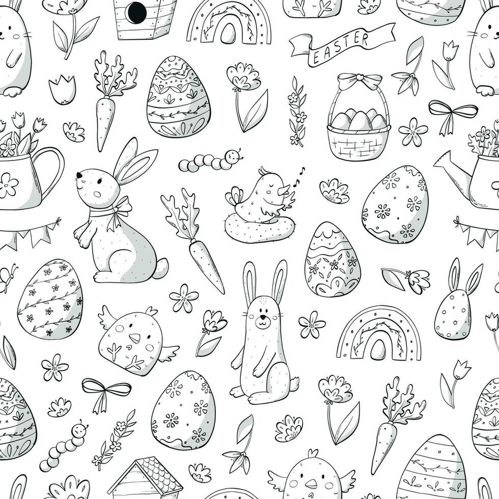 Easter monochrome seamless pattern with doodles for textile prints, coloring pages, wallpaper, scrapbooking, backgrounds, wrapping paper, nursery decor, pre school activities, etc. EPS 10 vector