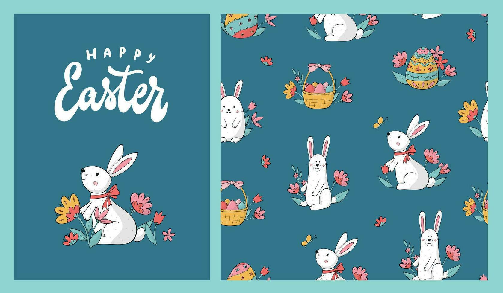 Easter collection of greeting card and seamless pattern with bunnies, flowers and eggs for wallpaper, posters, banners, prints, wrapping paper, etc. EPS 10 vector