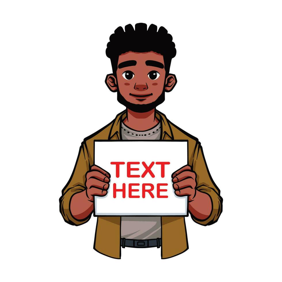 man holding a sign. african american man holding a sheet of white paper. Copy space. Your text here, template. Flat editable vector illustration, clip art.