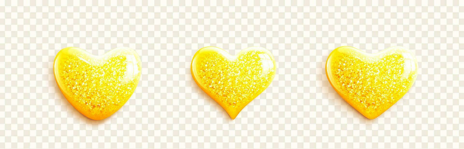 Set of glossy golden 3d heart icons with glitter. Yellow realistic hearts. Love symbol for greeting cards, banners for Valentine's Day. Vector illustration