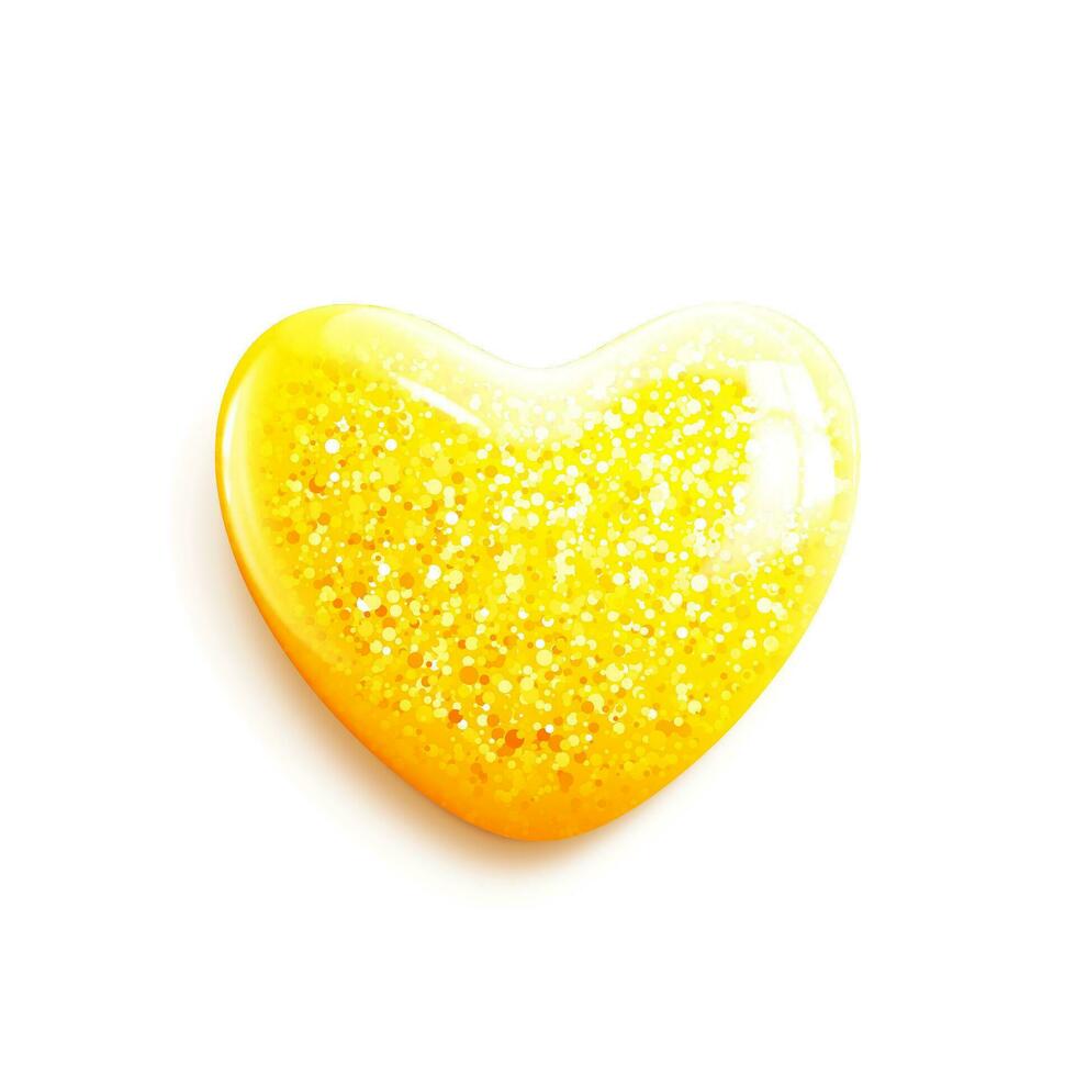 Glossy golden 3d heart icon with glitter. Yellow realistic heart isolated on white background. Love symbol for greeting cards, banners for Valentine's Day. Vector illustration