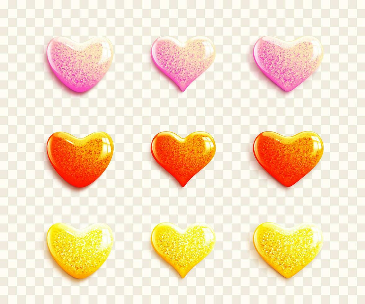 Set of glossy 3d heart icons with glitter. Pink, red and yellow realistic hearts. Love symbol for greeting cards, banners for Valentine's Day. Vector illustration