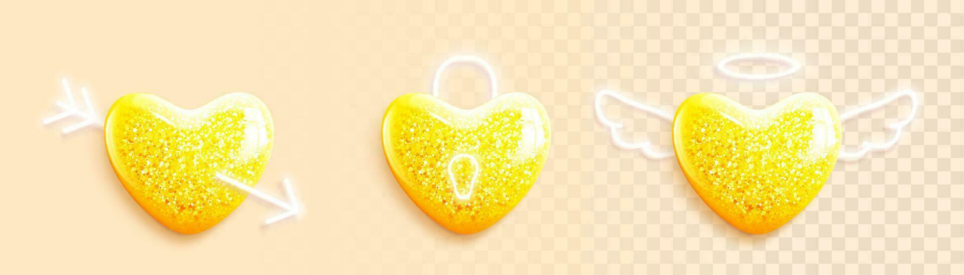 Set of glossy golden 3d heart icons with glitter. Yellow realistic hearts with white neon wings, arrow and keyhole. Love symbol for greeting cards, banners for Valentine's Day. Vector illustration