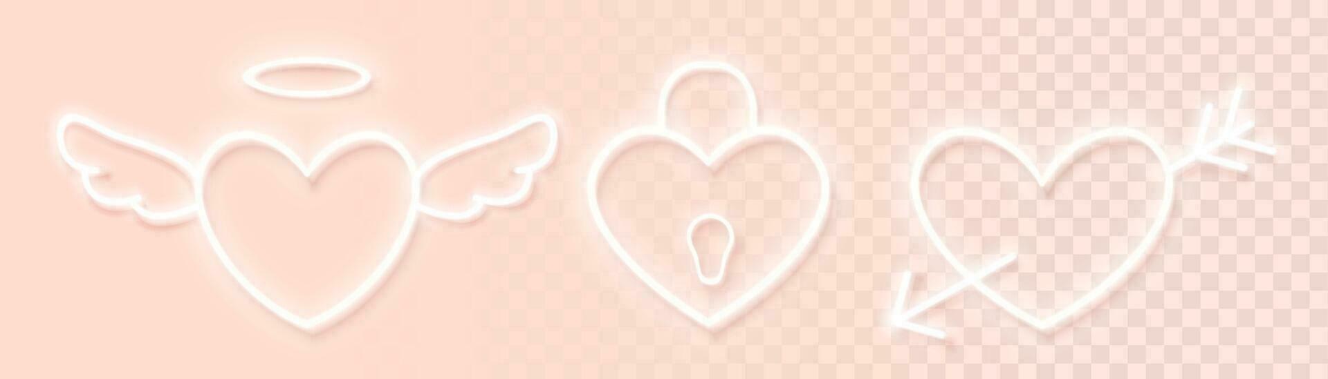 Set of white neon glowing heart icons for light backgrounds. Hearts with wings, arrow and keyhole. Design elements for Valentine's Day. Vector illustration