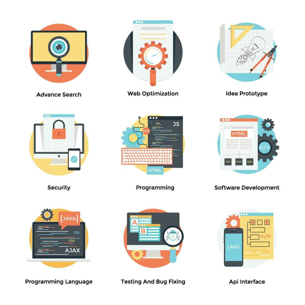 desarrollo proceso plano íconos conjunto vector