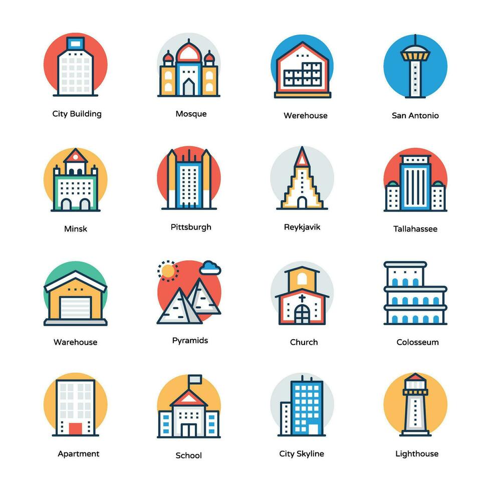 Buildings Landmarks Flat Vector Icons Set