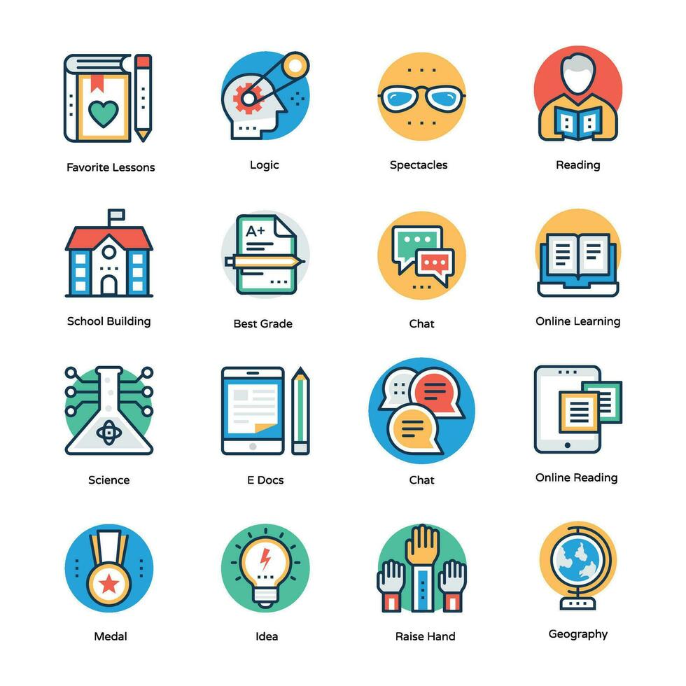 Flat Design Vector Icons of Education and Knowledge