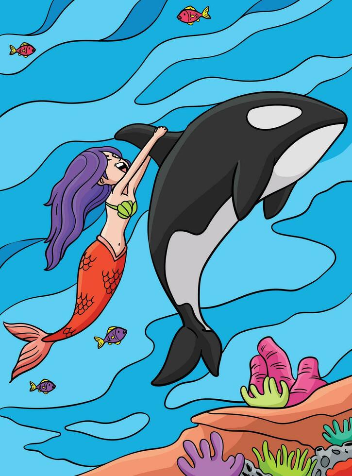 Mermaid and a Dolphin Colored Cartoon Illustration vector