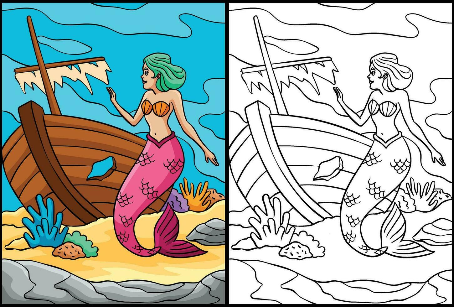 Mermaid and a Shipwreck Coloring Page Illustration vector
