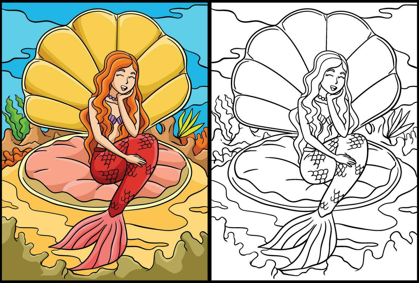 Beautiful Mermaid Sitting Clam Shell Illustration vector