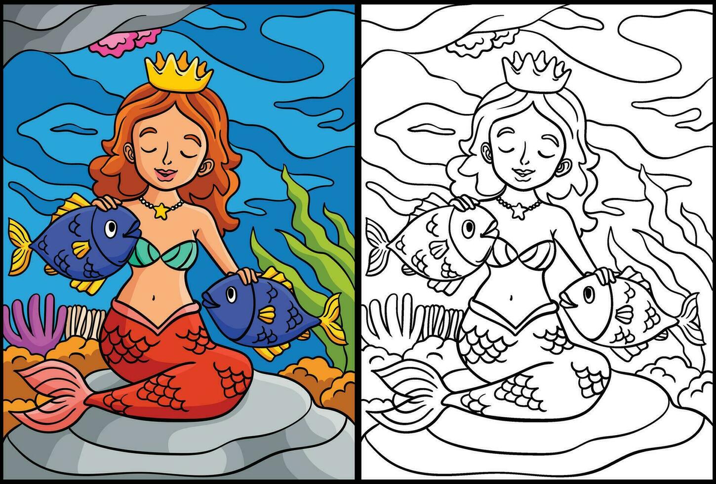 princesa sirena y pescado colorante ilustración vector