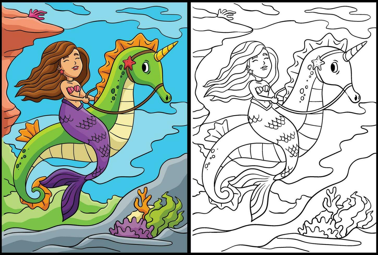 sirena montando mar caballo colorante ilustración vector