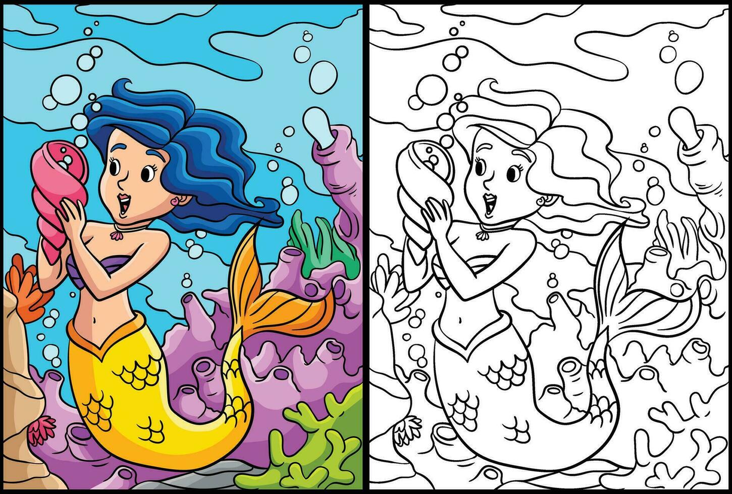 Mermaid Holding Spiral Shell Coloring Illustration vector