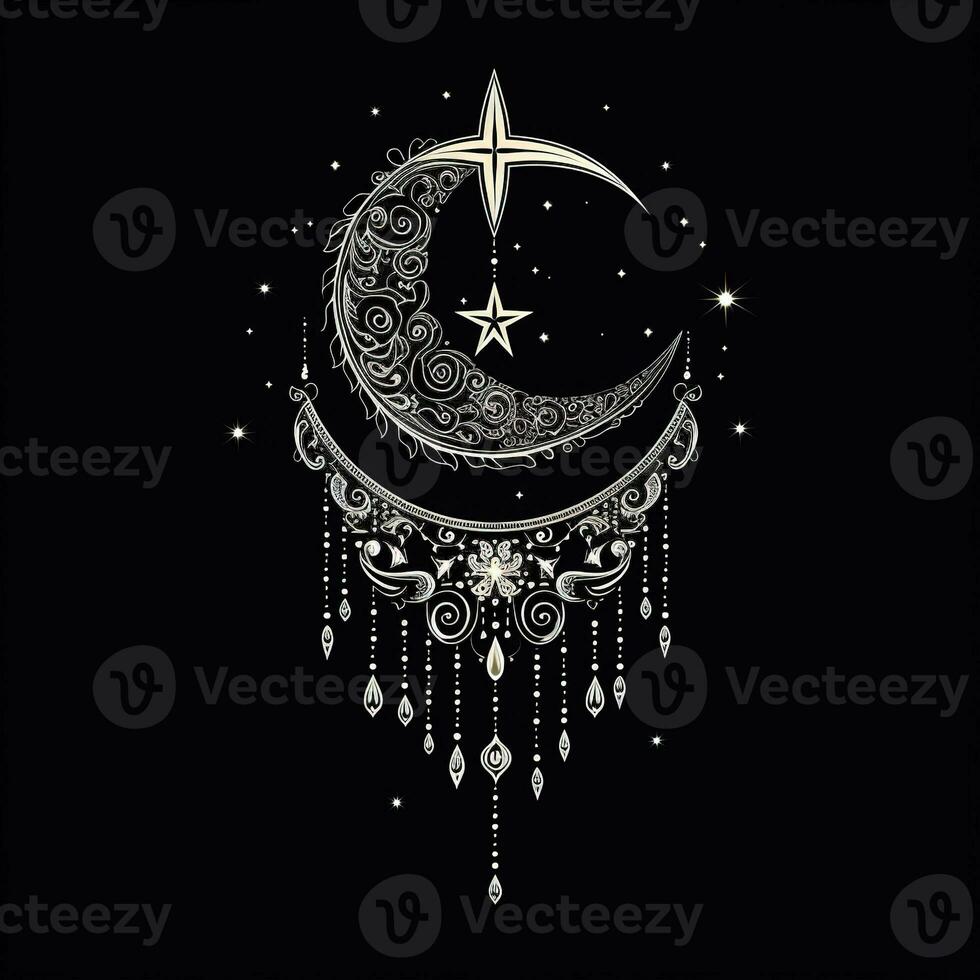 AI generated a crescent with stars drawing abstract moon silhouette. Boho celestial illustration AI Generative photo
