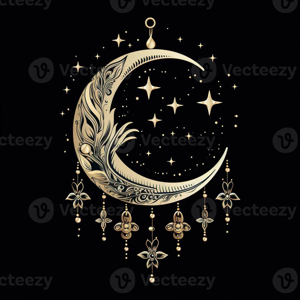 AI generated a crescent with stars drawing abstract moon silhouette. Boho celestial illustration AI Generative photo