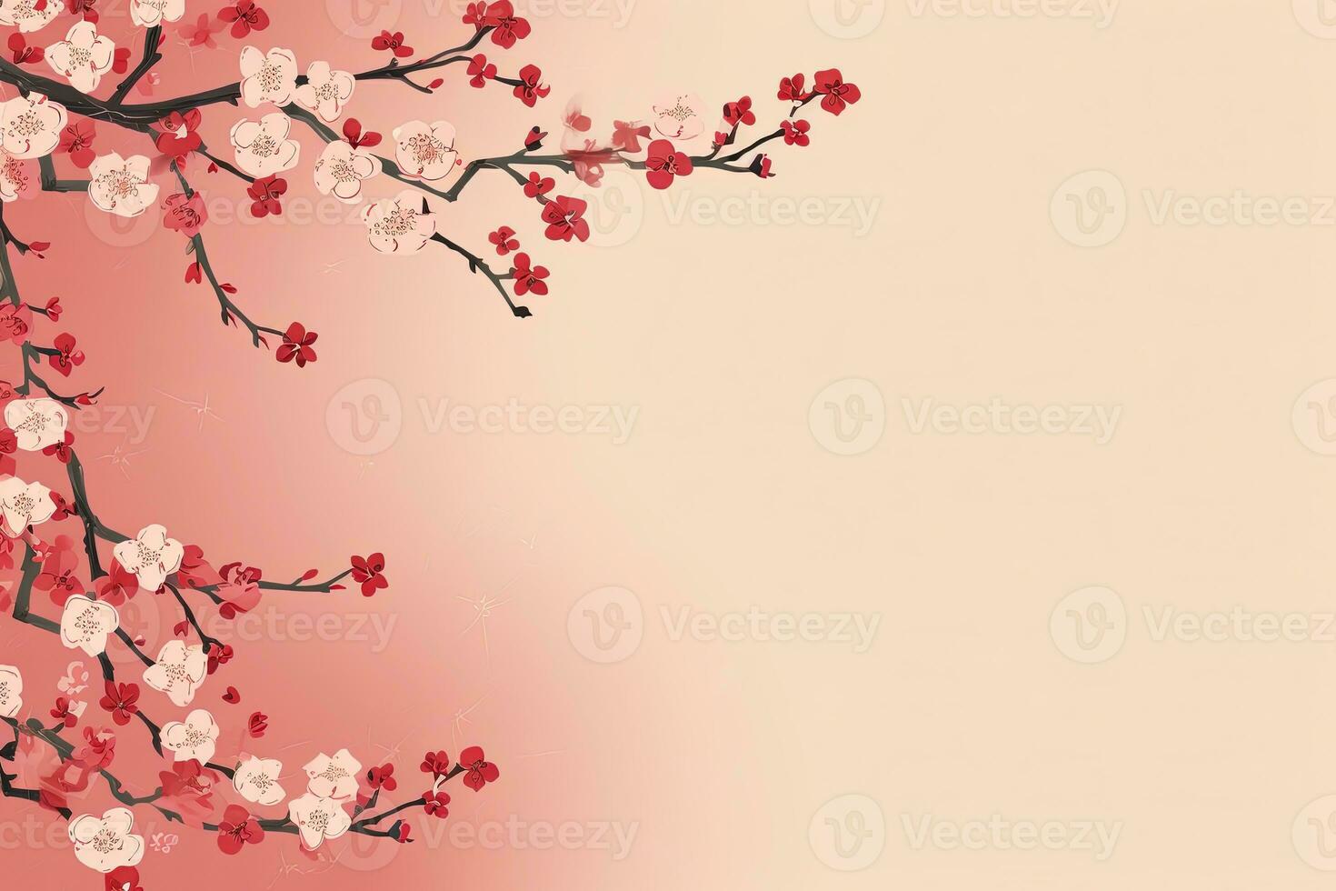 AI generated Chinese New Year Background. Pink Blooming Sakura Branches  Backdrop. Oriental natural pattern with chinese cloud decoration banner design in vintage style. AI Generative photo