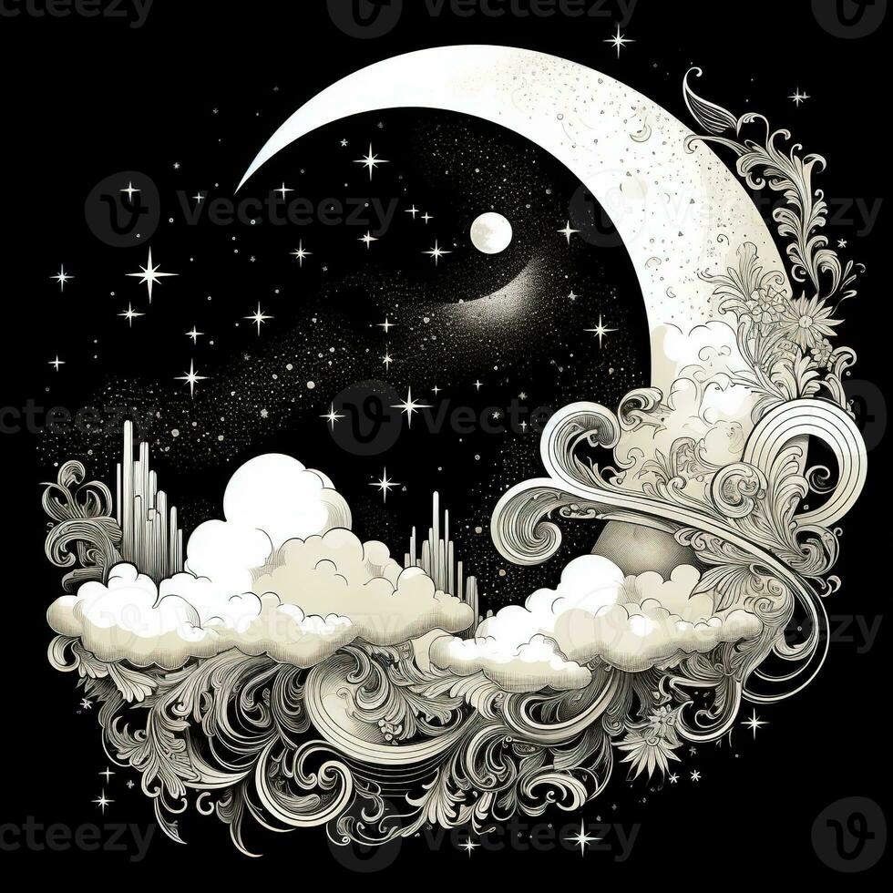 AI generated a crescent with stars drawing abstract moon silhouette. Boho celestial illustration AI Generative photo