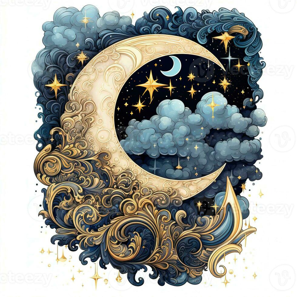AI generated a crescent with stars drawing abstract moon silhouette. Boho celestial illustration AI Generative photo