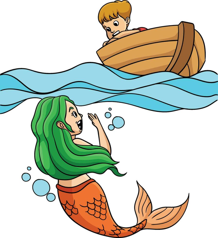 sirena hablando a un chico en el barco clipart vector