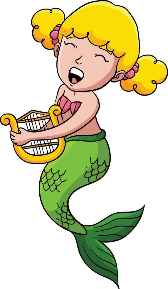 Mermaid Playing Harp Cartoon Colored Clipart vector