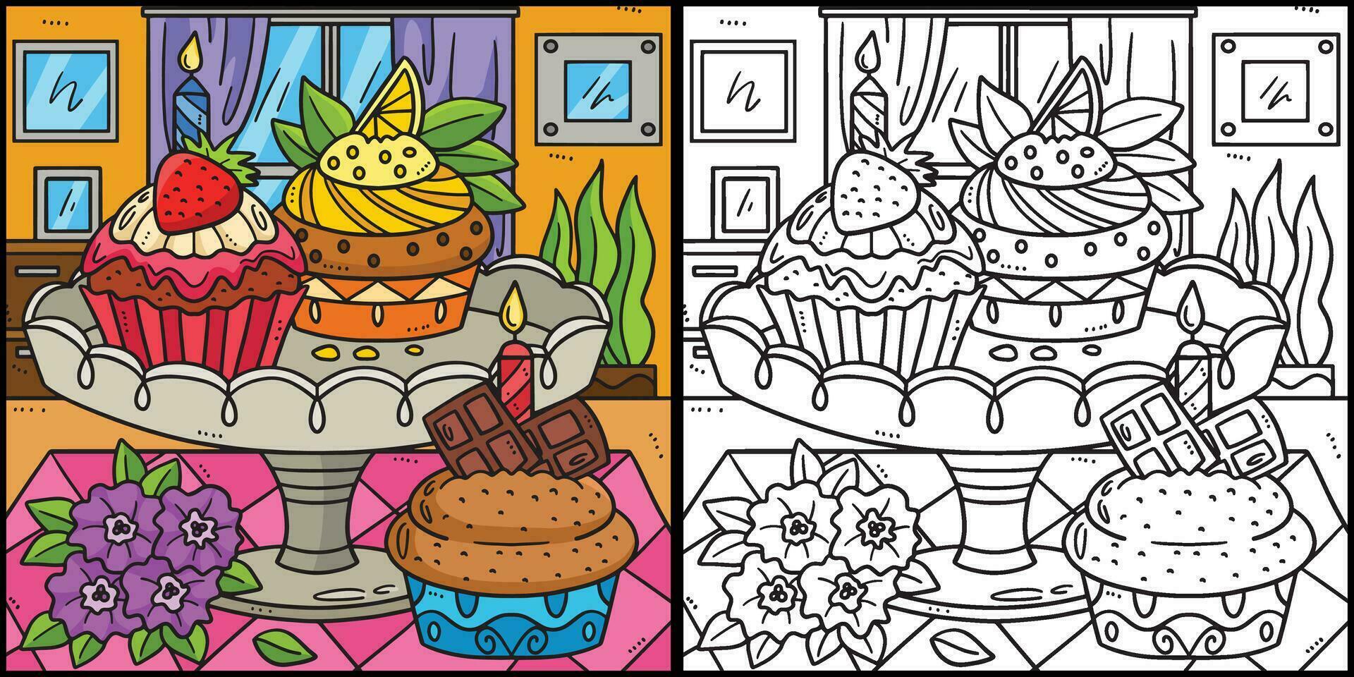 Birthday Cupcakes Coloring Page Illustration vector