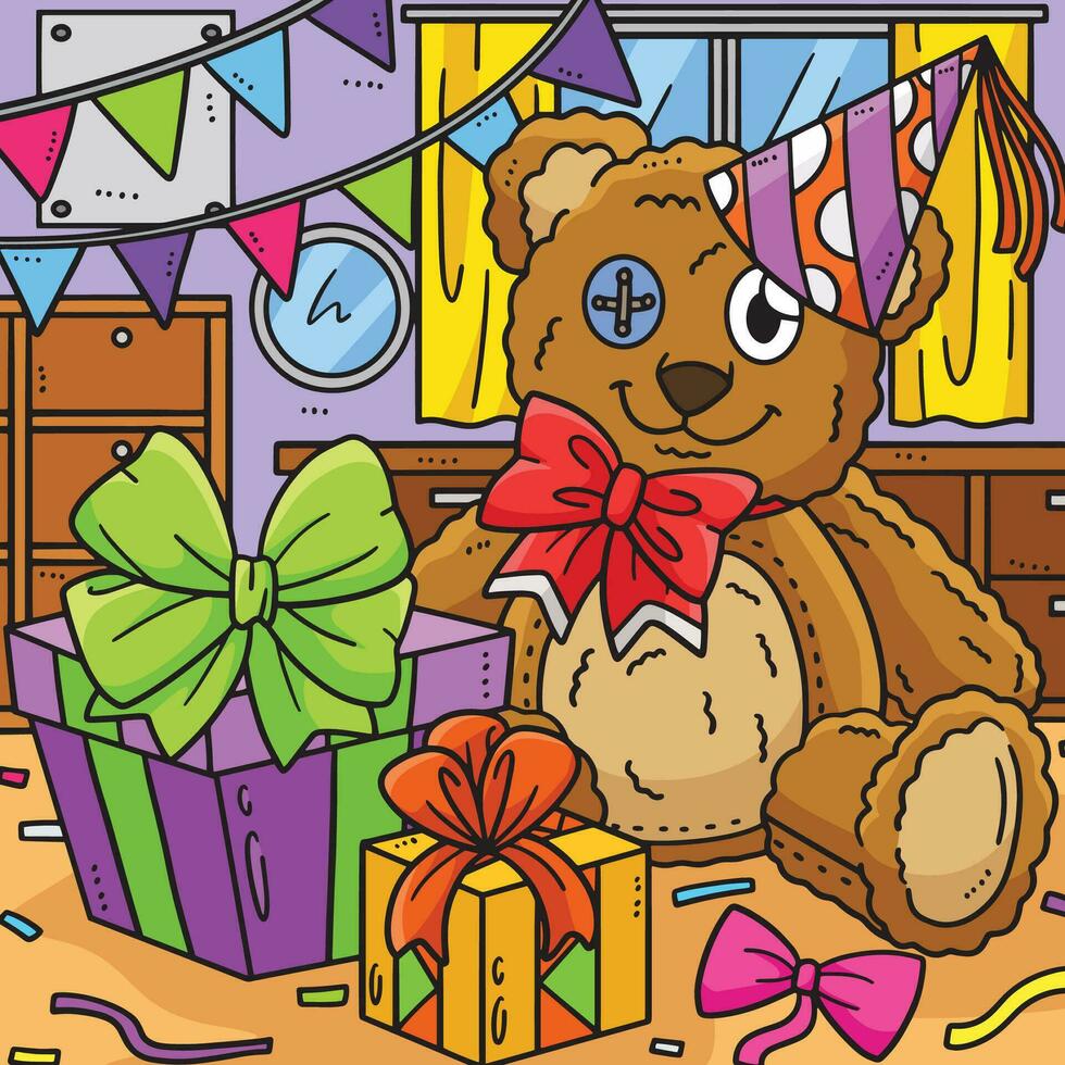 Teddy Bear with a Birthday Gift Colored Cartoon vector