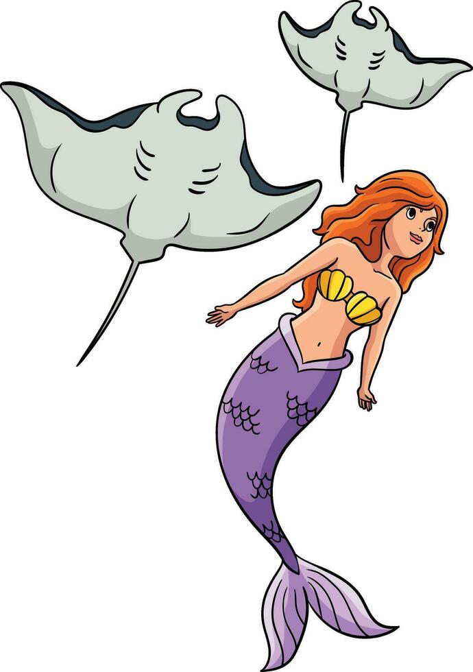 Mermaid with a Manta Ray Cartoon Colored Clipart vector