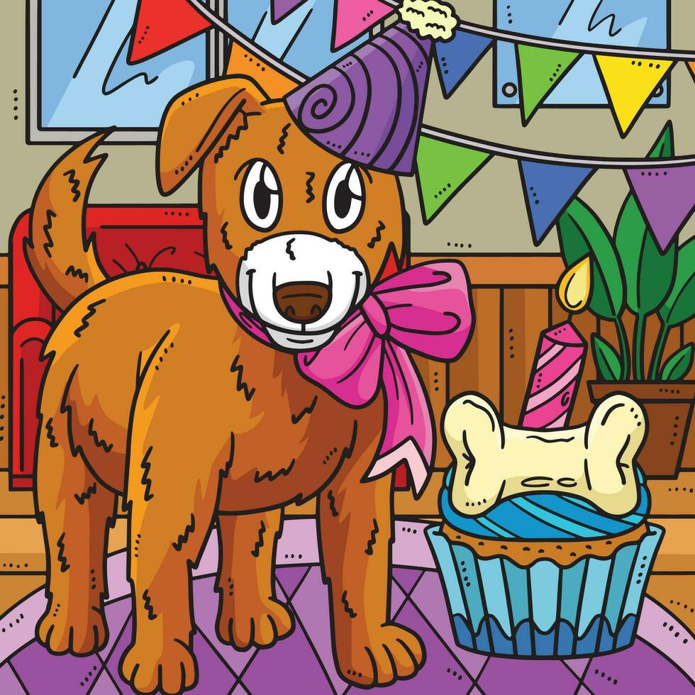 Birthday Dog with a Party Hat Colored Cartoon vector