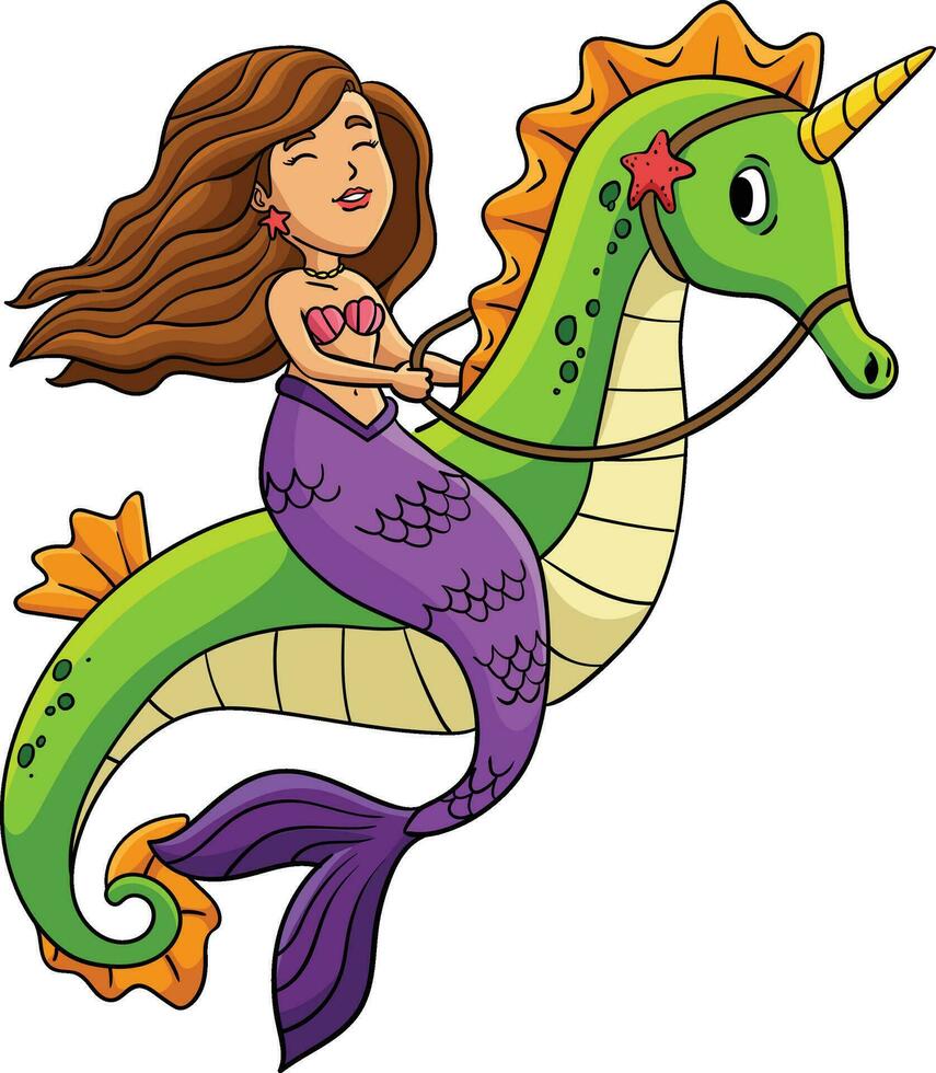 Mermaid Riding Sea Horse Cartoon Colored Clipart vector