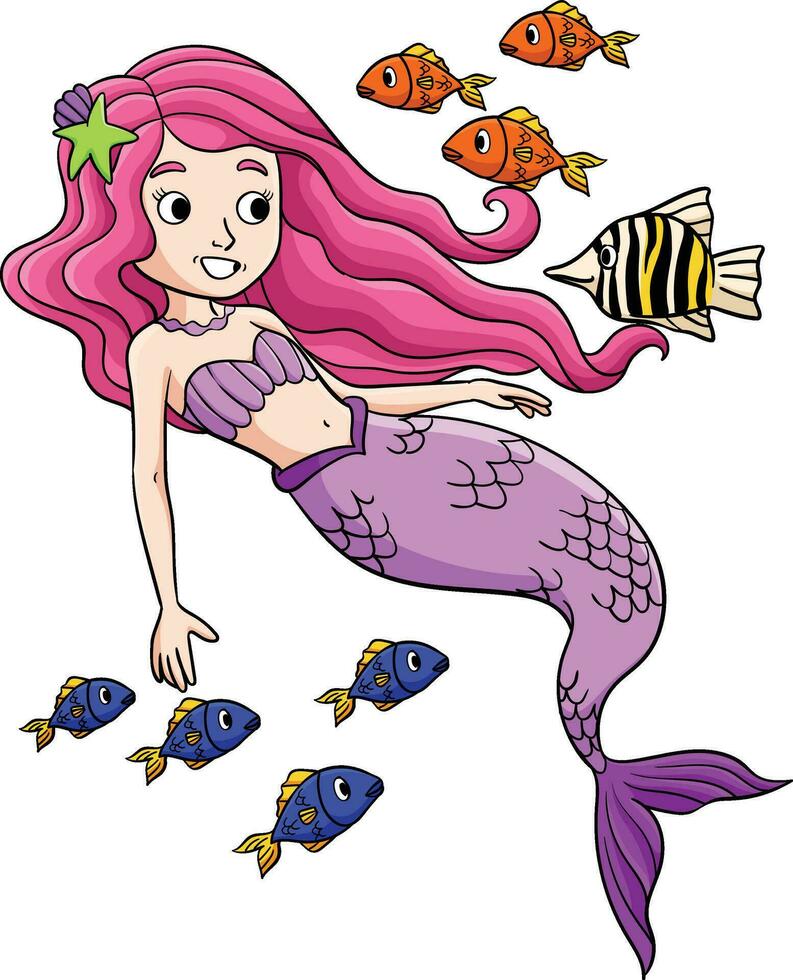 Mermaid and a Fish Cartoon Colored Clipart vector